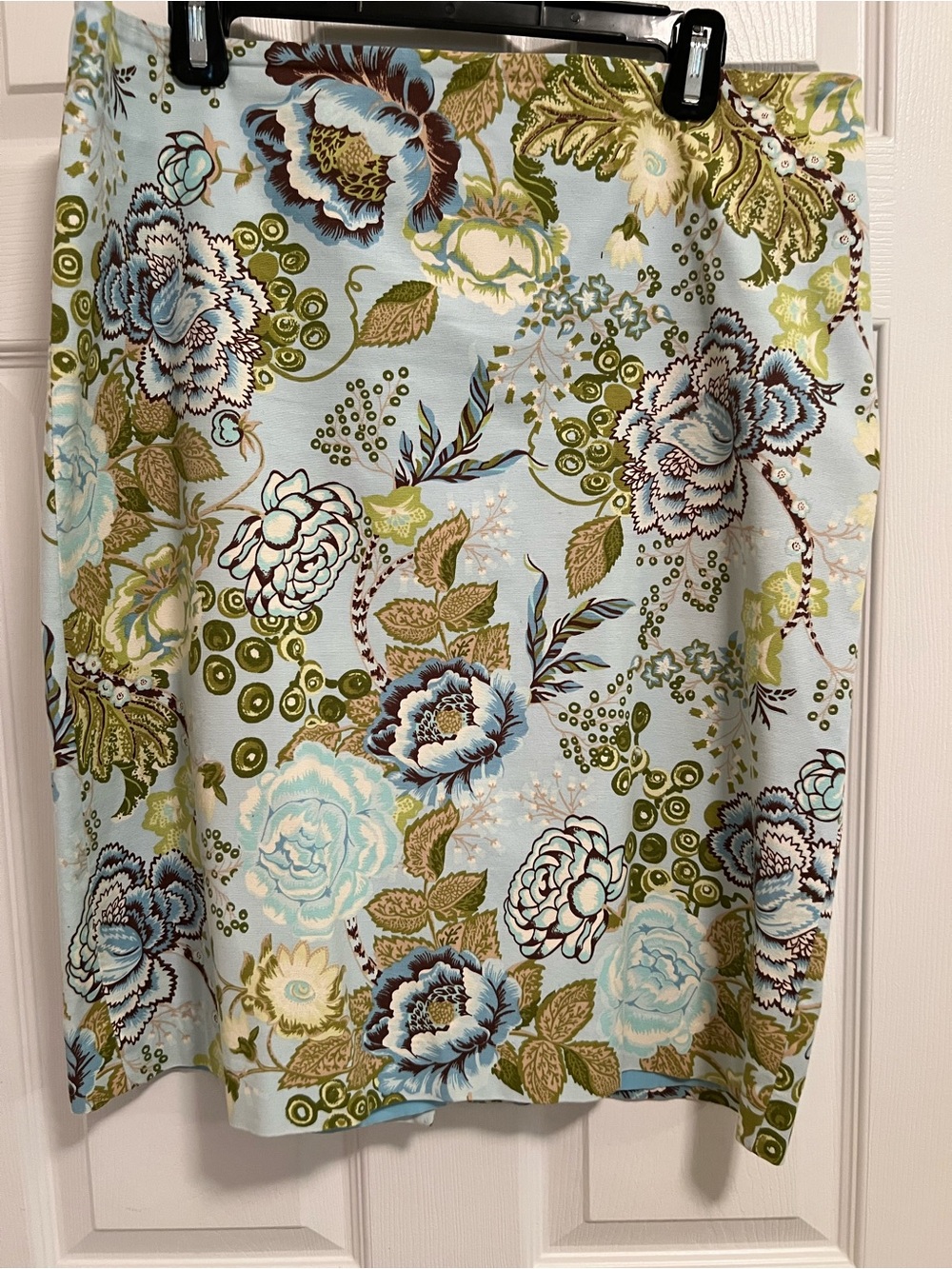 Talbots Floral Midi Skirt in Light Blue, Olive and Cream